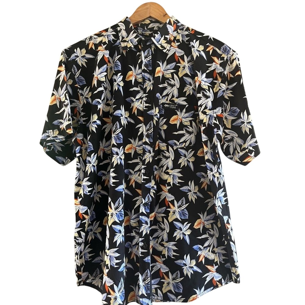 Spicy Tuna Men's Tuna SZ XL Hawaiian Shirt Button Up Collard Flowers GUC